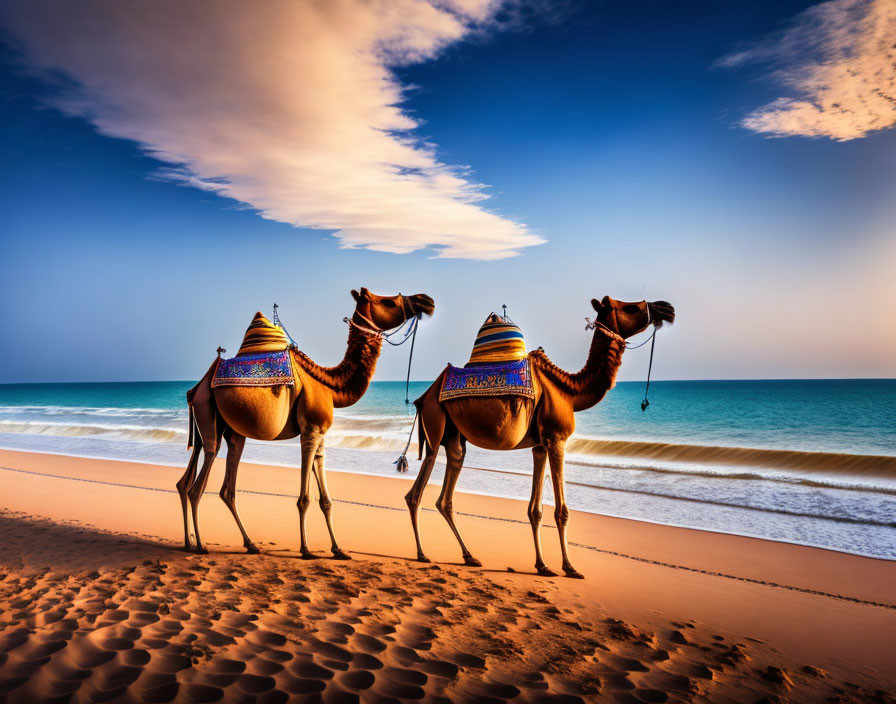 Colorful saddled camels on sandy beach at sunset