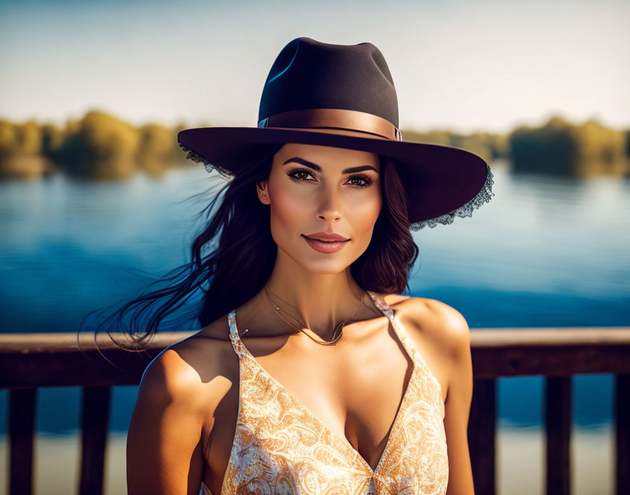 Woman in wide-brimmed hat by tranquil lake under sunlight