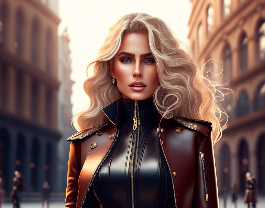 Blonde woman with green eyes in leather jacket against city backdrop