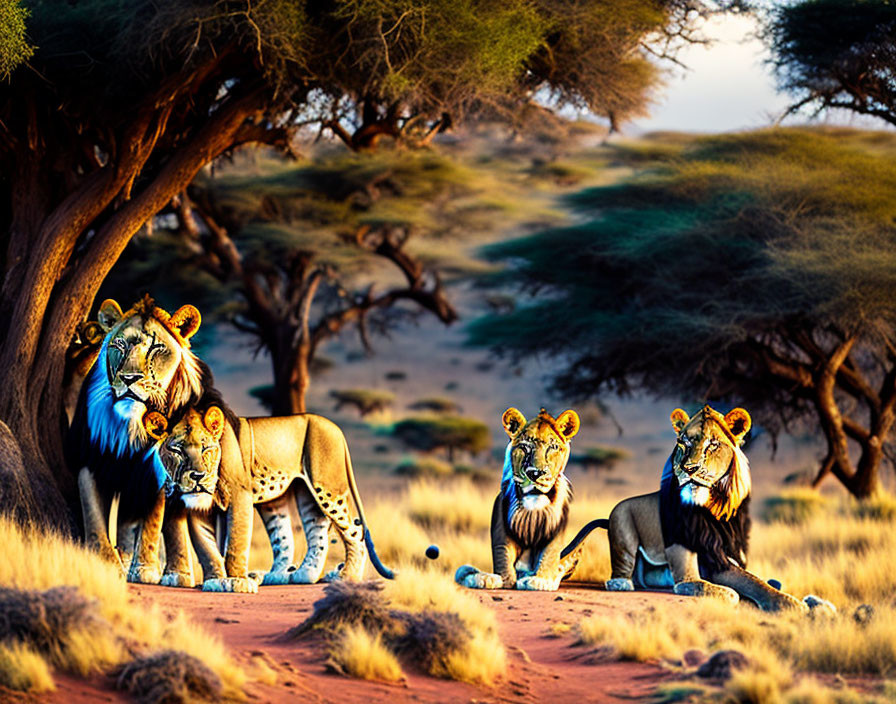 African Savanna: Four Lions Resting at Golden Hour