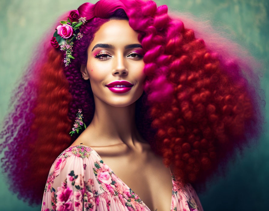 Magenta Curly Hair Woman in Floral Dress on Green Background