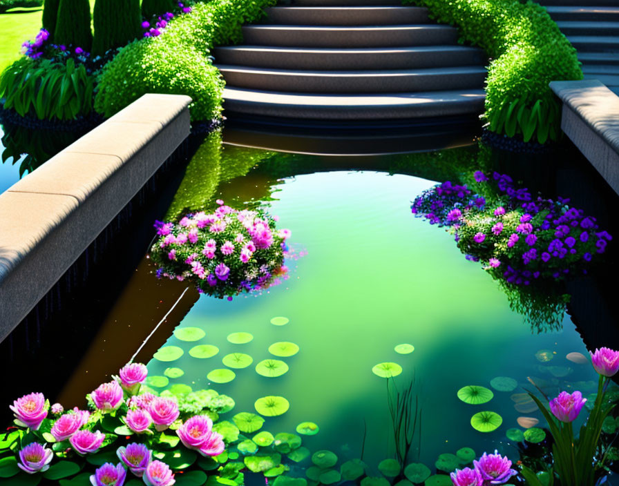 Tranquil pond with stone steps and lush greenery