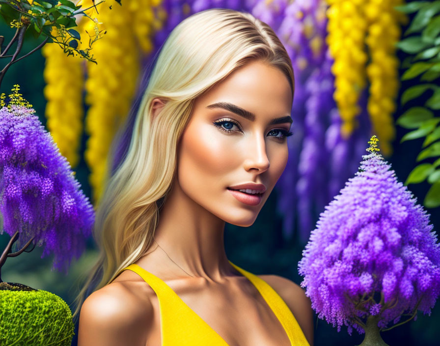 Blonde Woman in Yellow Dress Surrounded by Purple and Yellow Flowers