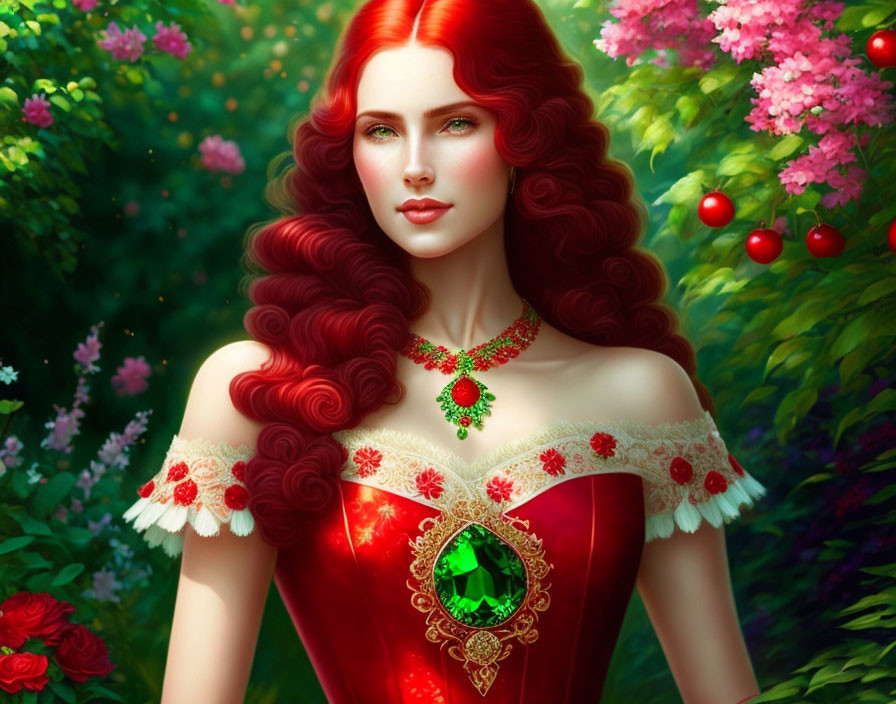 Red-haired woman in ornate dress with green gem necklace in garden setting