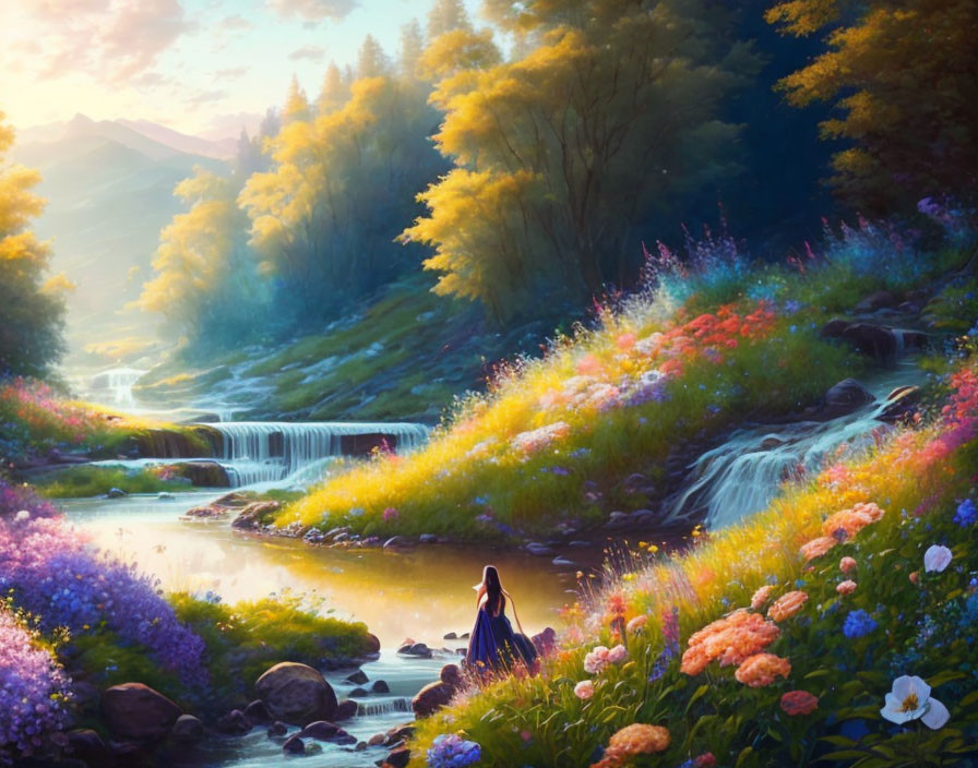 Tranquil stream with waterfalls in vibrant flower landscape