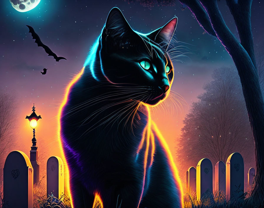 Colorful Digital Art: Black Cat in Mystical Night Sky with Cemetery and Streetlamp