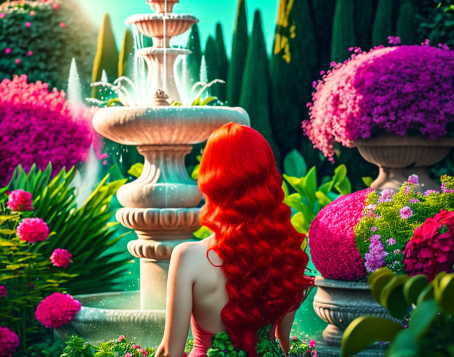 Vibrant red-haired woman by fountain in lush garden