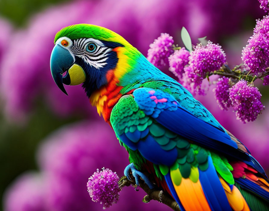 Colorful Macaw Perched on Branch with Purple Flowers