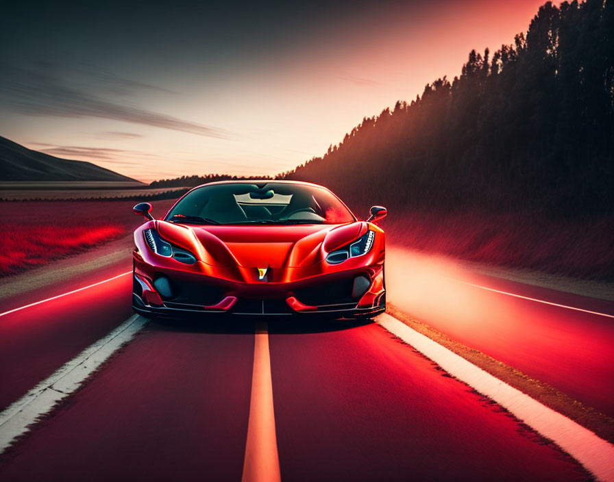 Red sports car racing on road under sunset sky.