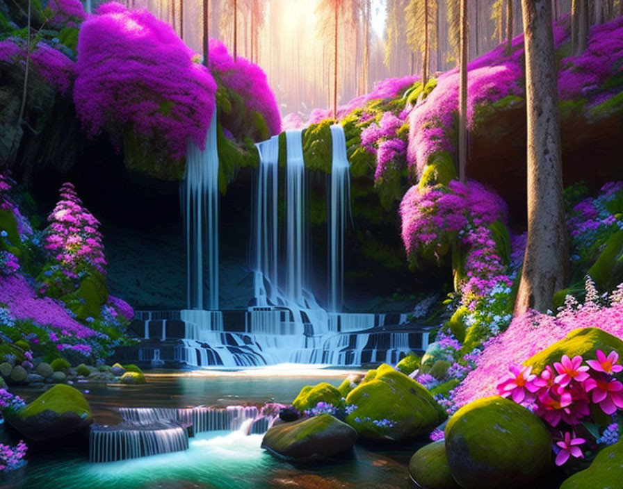 Mystical waterfall in lush forest with pink foliage and sunbeams