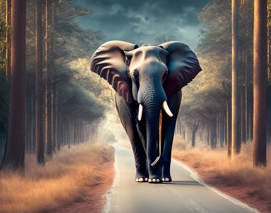 Elephant with outstretched ears walking on tree-lined road