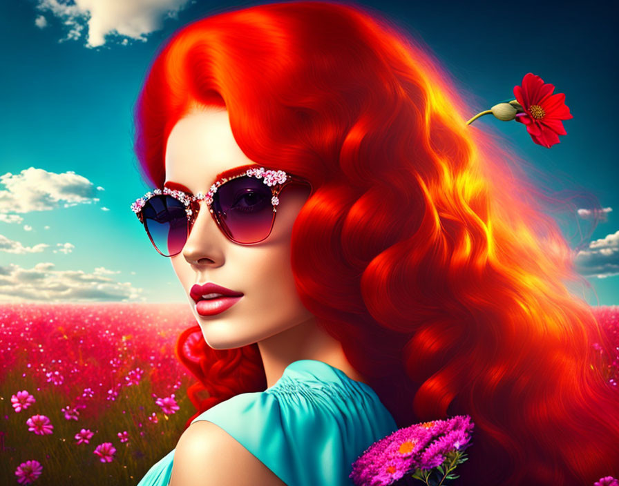 Vibrant Red-Haired Woman in Field of Pink Flowers and Blue Sky