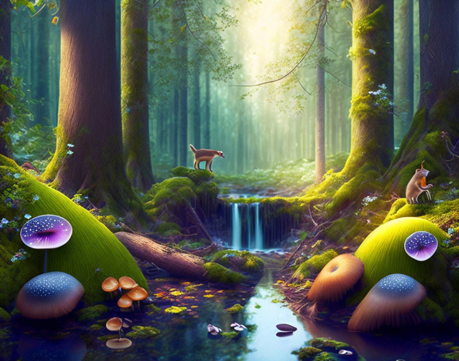 Enchanting forest scene with vibrant mushrooms, waterfall, animals, and sunlight beams