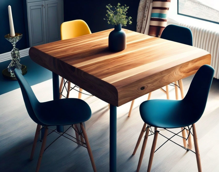 Modern dining room with wooden table, black-legged chairs, blue seats, yellow chair, and vase.