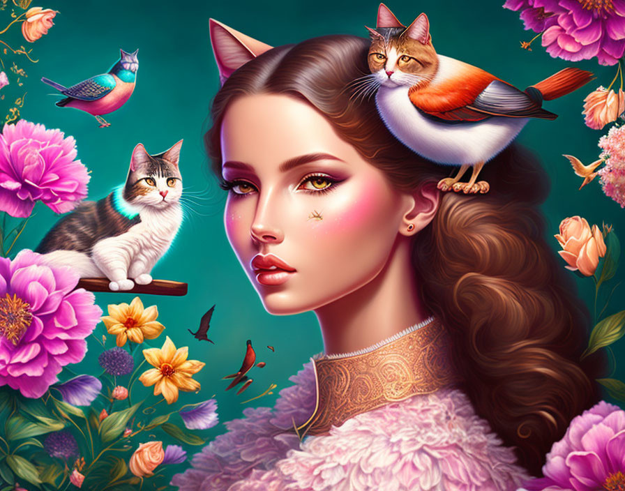 Surreal portrait: woman with cat ears, vibrant flowers, cats on shoulders, teal background