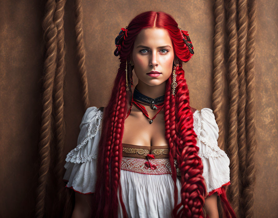 Red-haired woman in intricate braids wearing traditional white and red embroidered outfit.