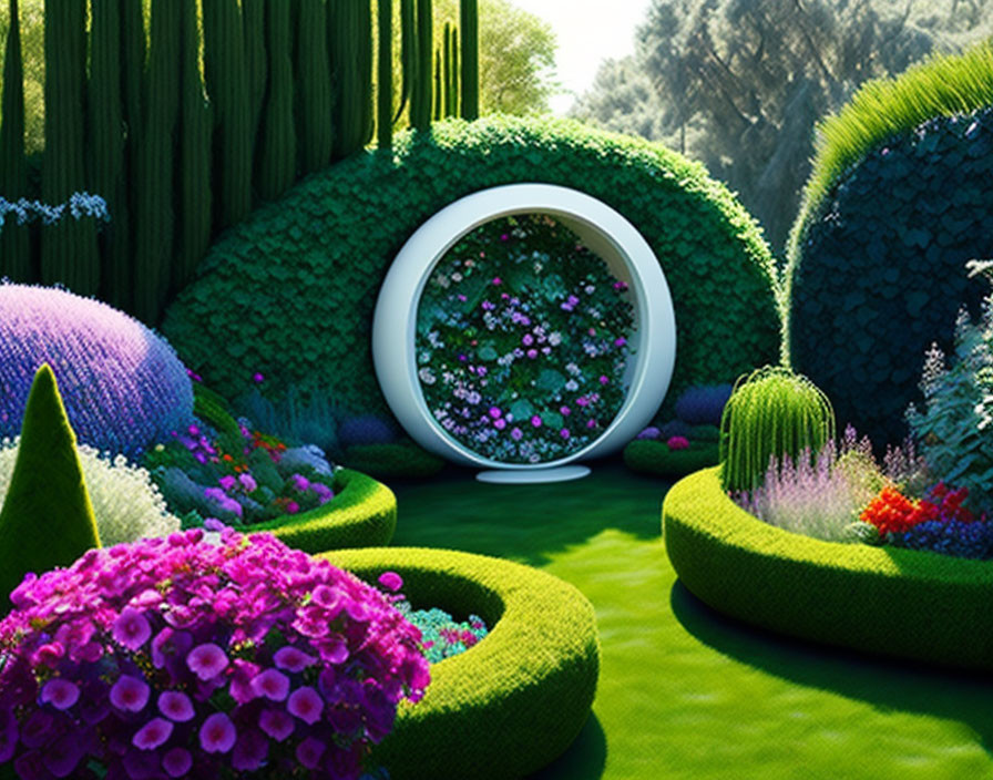 Vibrant flower garden with white round portal