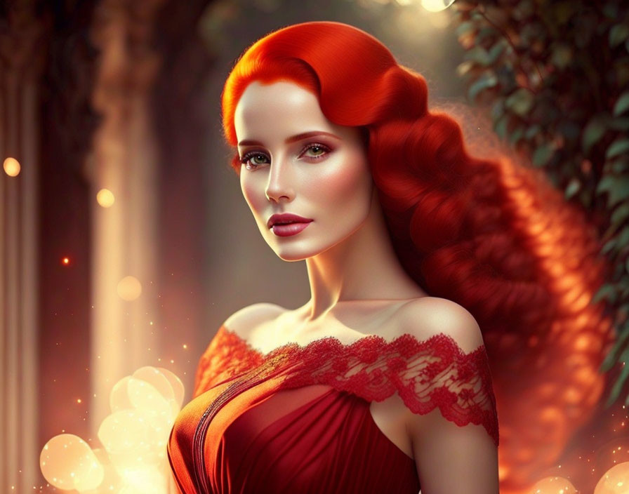 Vibrant red-haired woman in red dress against warm bokeh background