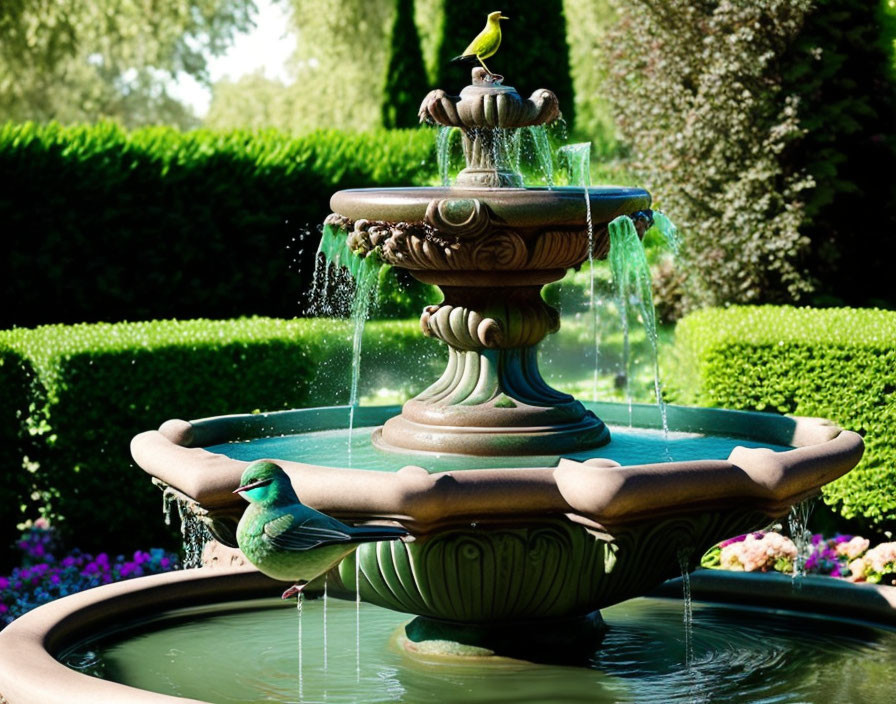 Multi-tiered fountain in lush garden with flowing water.