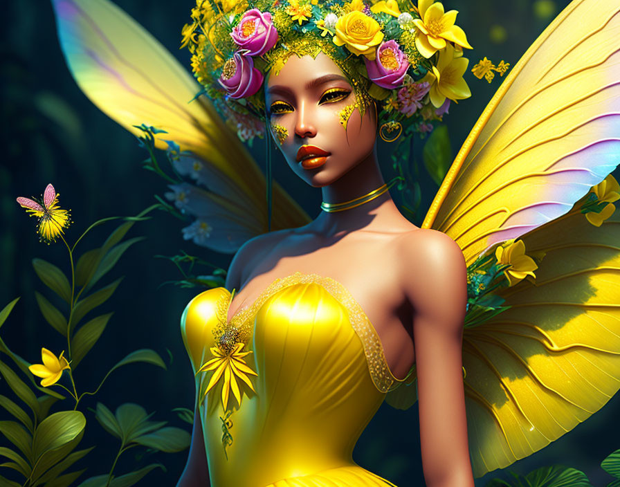 Fantasy fairy digital artwork with golden wings and floral crown