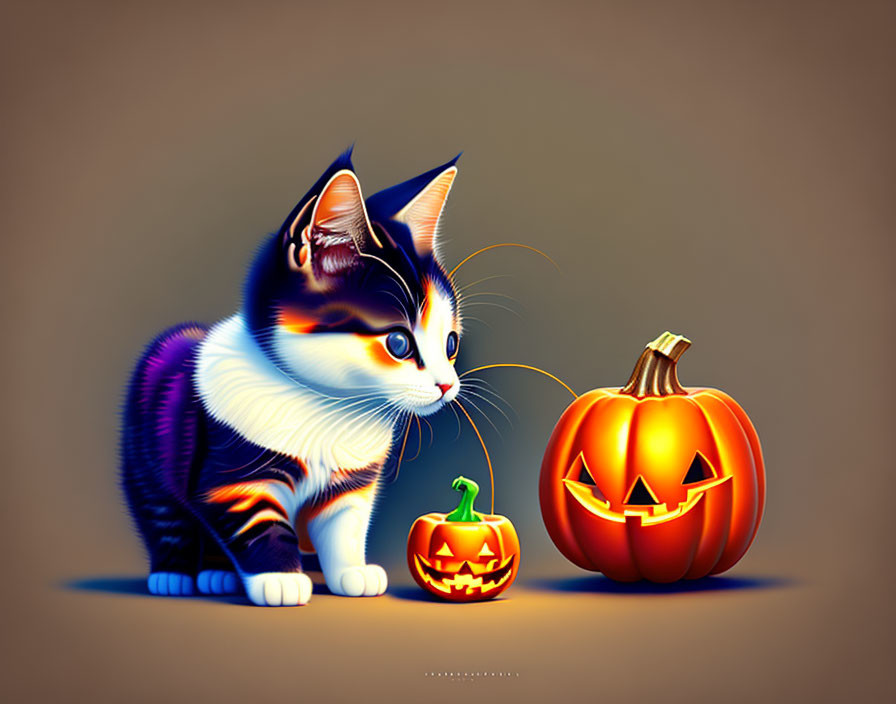 Colorful Illustration: Curious Kitten with Pumpkin Lanterns