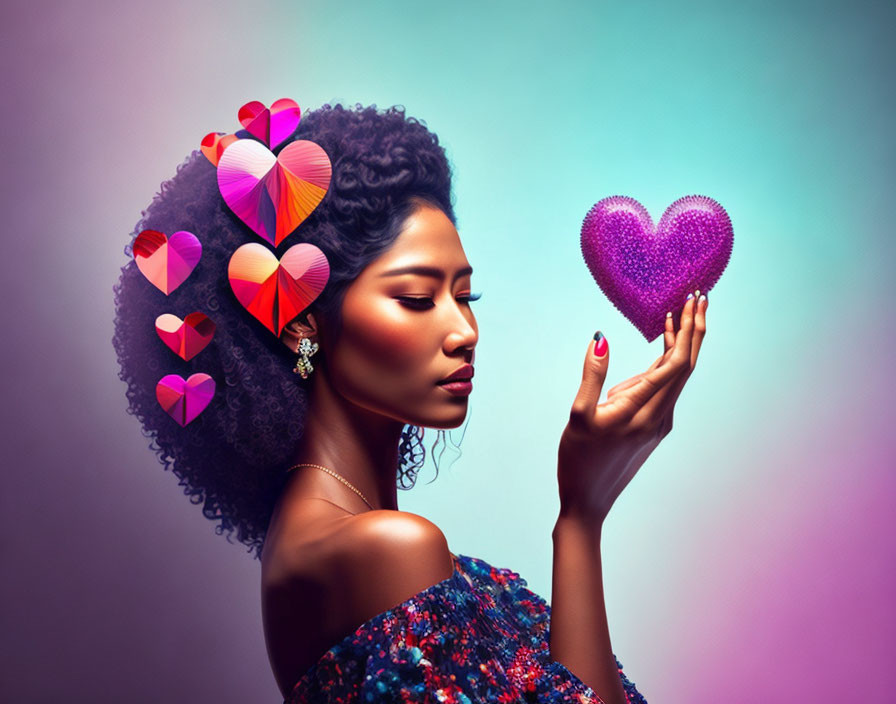 Curly-haired woman holding purple heart with colorful graphics on pastel background