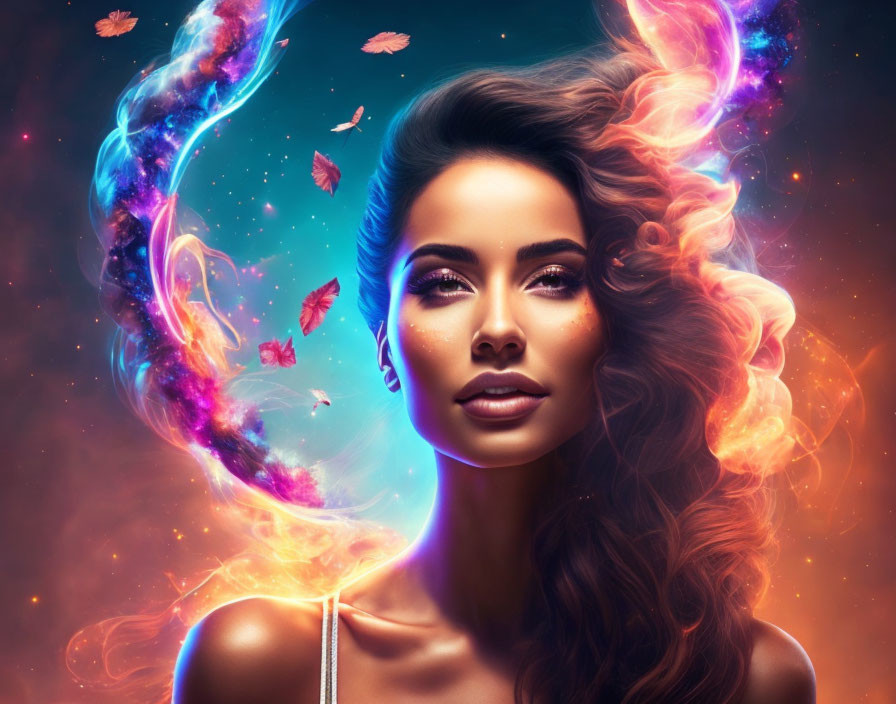 Digital artwork: Woman with cosmic energy and swirling butterflies in fiery hair on starry backdrop