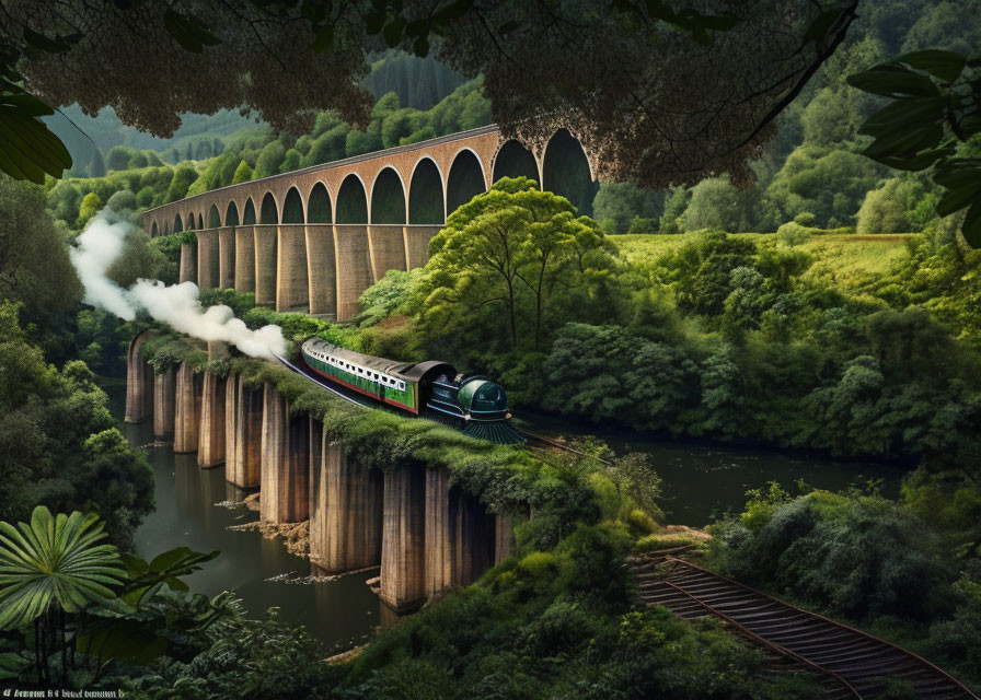 Vintage steam train crossing grand arched viaduct over river in lush greenery