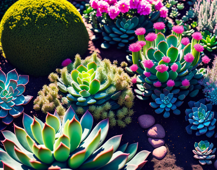 Vibrant succulent plants in varied shapes and shades on dark substrate