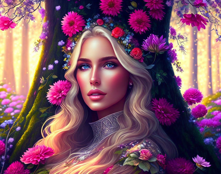 Digital artwork: Woman with blue eyes, flowers, mystical forest