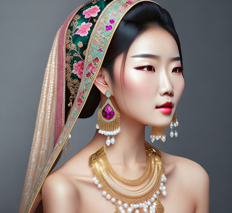 Traditional Asian makeup woman with embellished headscarf & jewelry