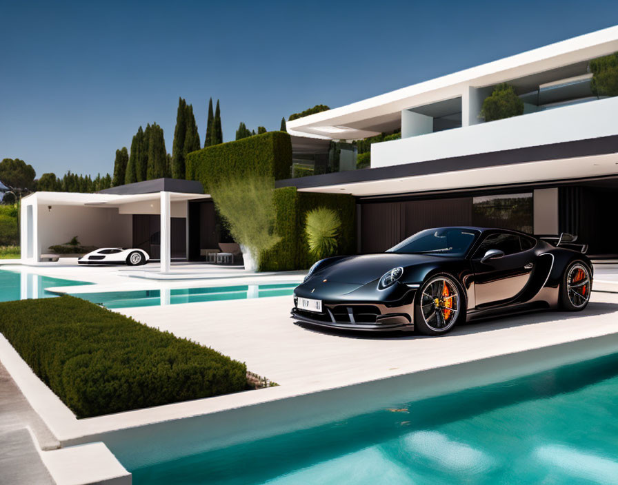 Modern Villa with Large Windows, Black Sports Car, White Car, and Greenery