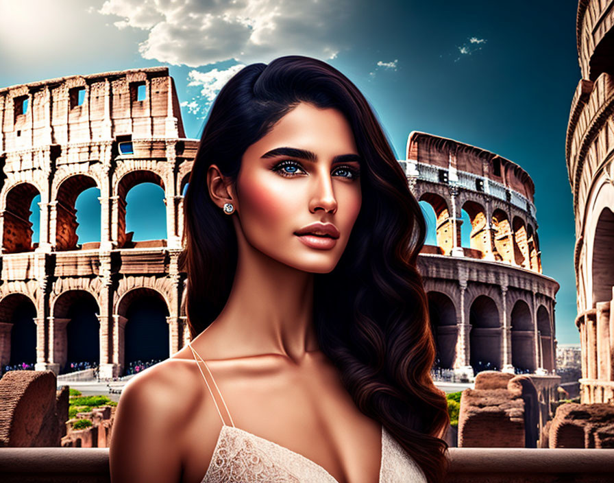 Digitally created woman in front of ancient Roman amphitheater