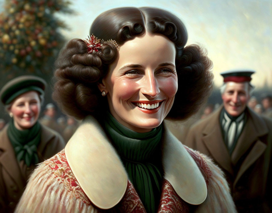 Smiling woman in cream coat and green scarf illustration