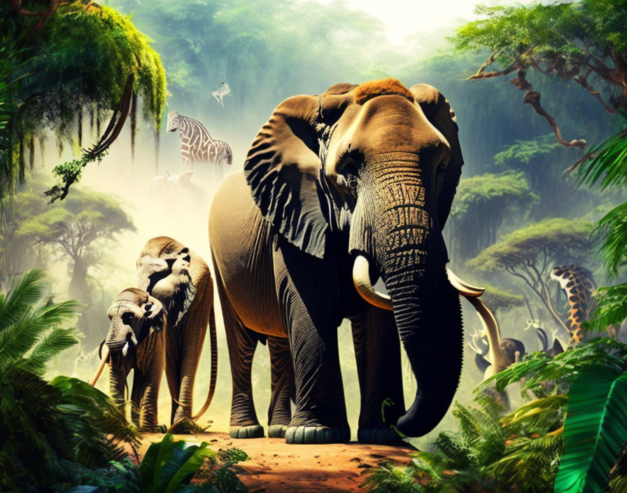 Elephants and Wildlife in Lush Jungle Scene