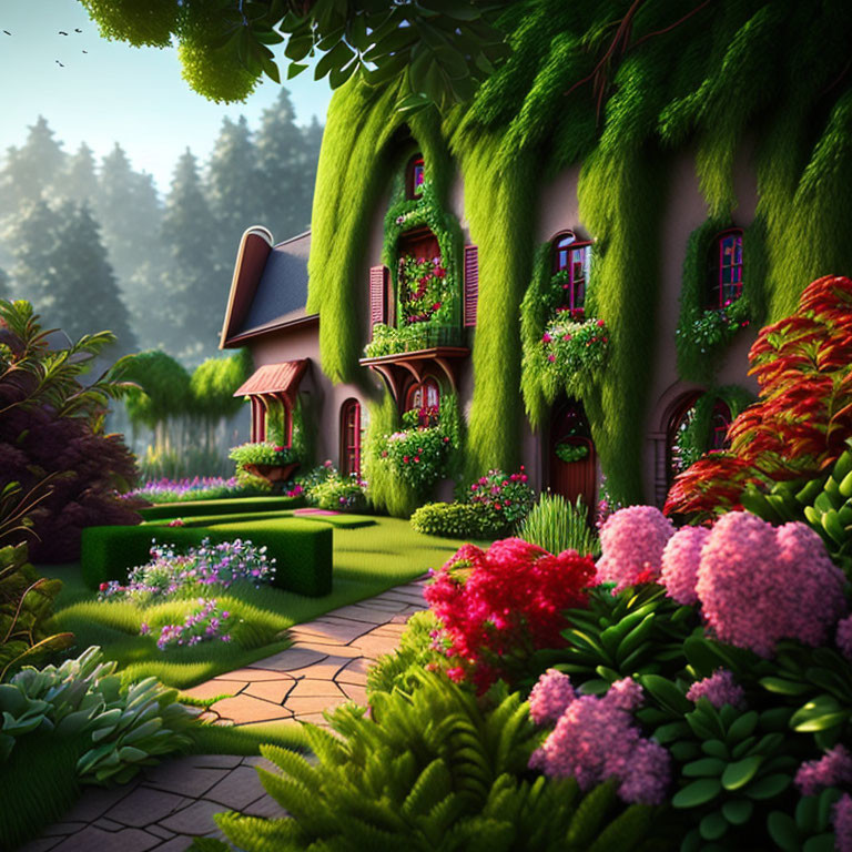 Enchanting fairy-tale cottage with lush green vines and vibrant garden