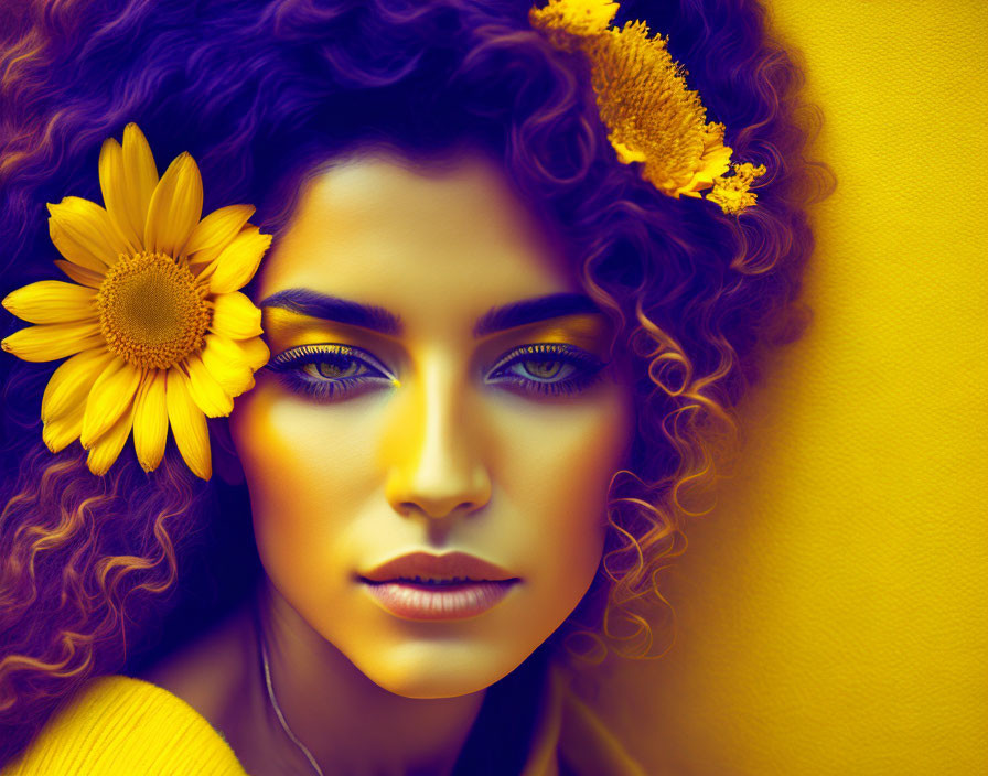 Curly Purple Hair Woman with Blue Eyes and Sunflowers on Yellow Background