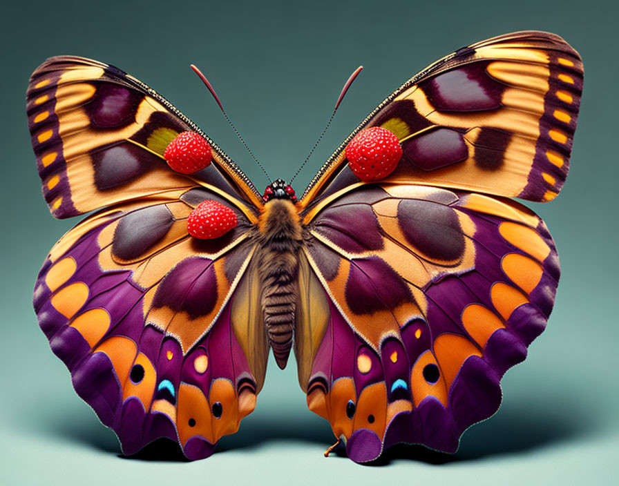 Colorful Butterfly with Orange, Yellow, Purple, and Blue Patterns on Teal Background