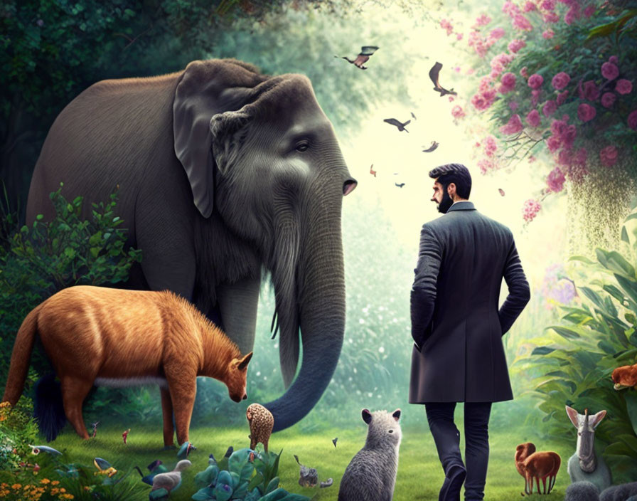 Man in suit observes fantastical scene with elephant and lush vegetation