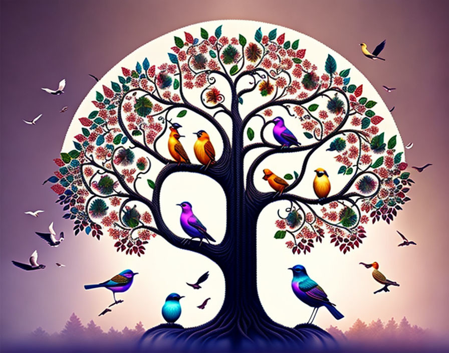 Colorful Birds and Tree Illustration on Purple Sky with Flying Birds