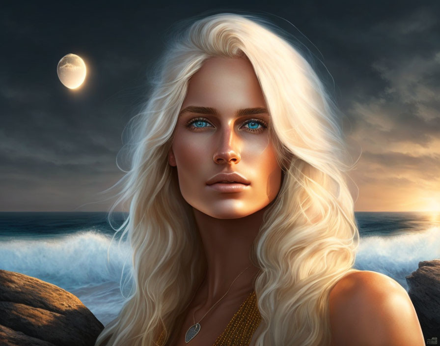 Portrait of woman with white hair and blue eyes by ocean waves and crescent moon