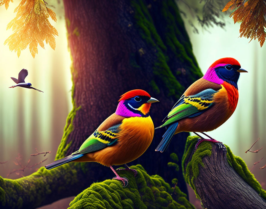 Vibrantly colored birds on mossy branch with blurred bird in flight and misty forest.