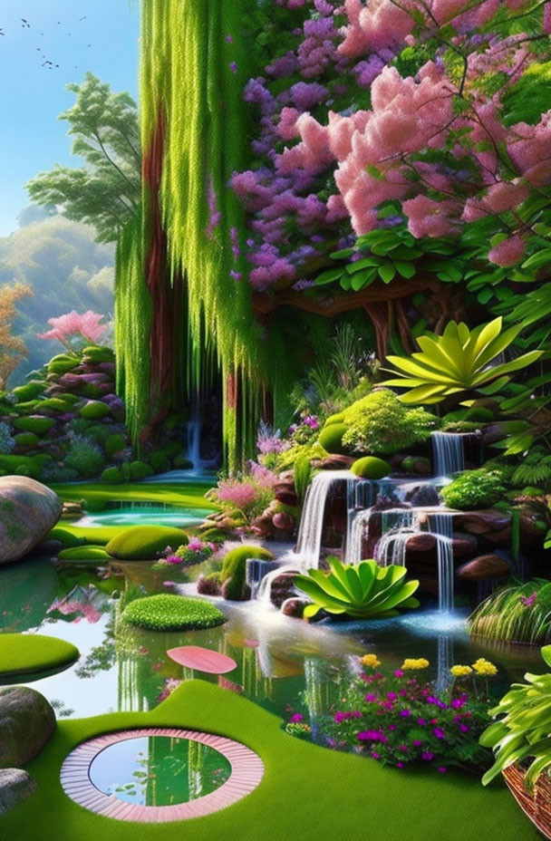 Lush garden with waterfalls, blooming trees, serene pond