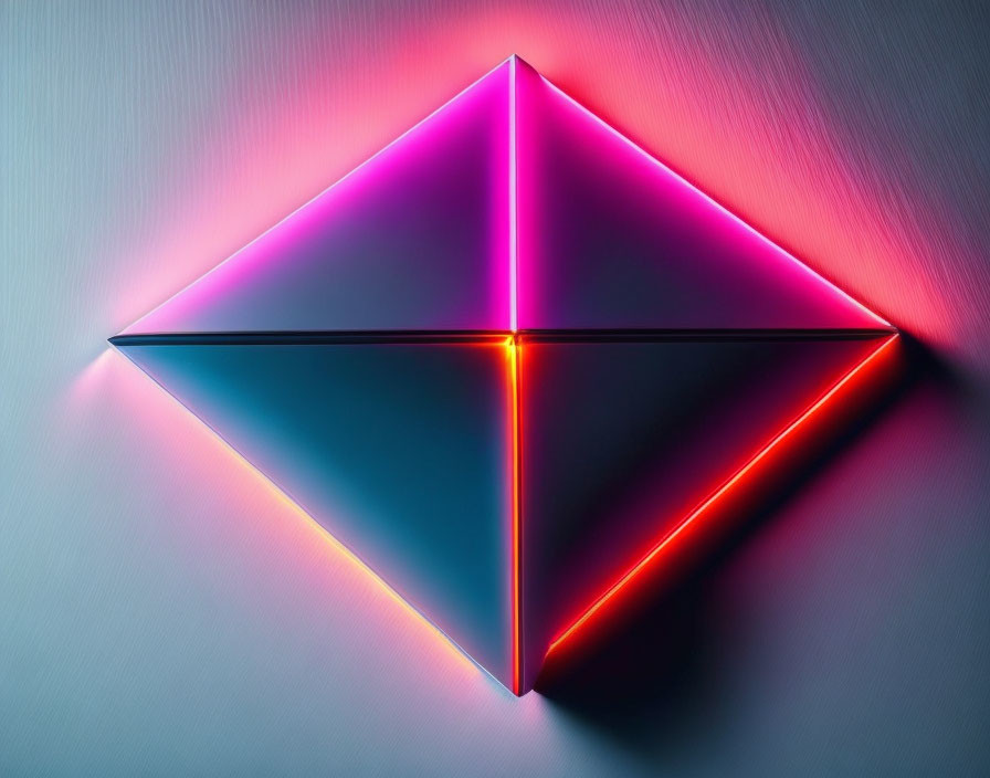 Neon pyramid with pink and blue gradients on textured surface