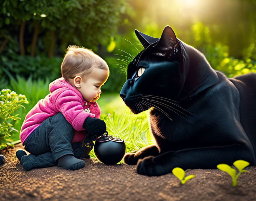 Toddler in pink jacket with black cat and pot in sunlit garden