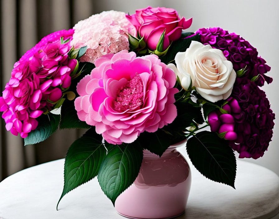 Pink and White Flowers Bouquet in Pink Vase on Table