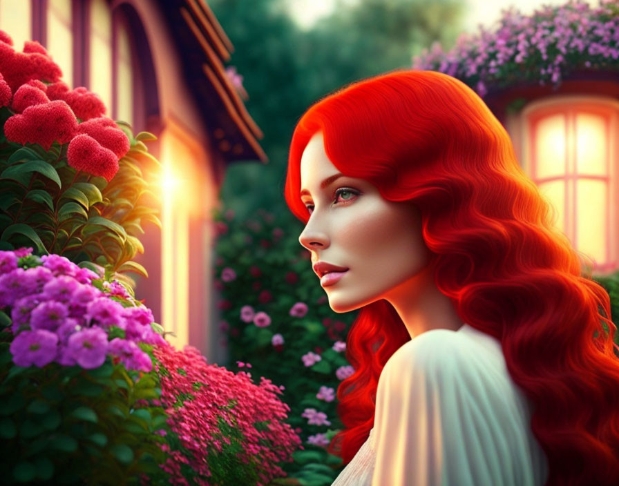 Vibrant red-haired woman profile with quaint house and colorful flowers