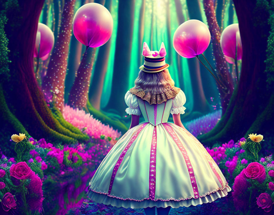 Girl in vintage dress with pink balloons in magical forest