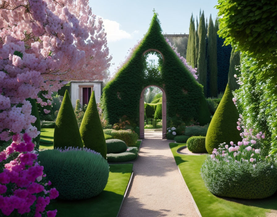 Manicured garden with topiary arches, cone-shaped shrubs, and pink flowering trees