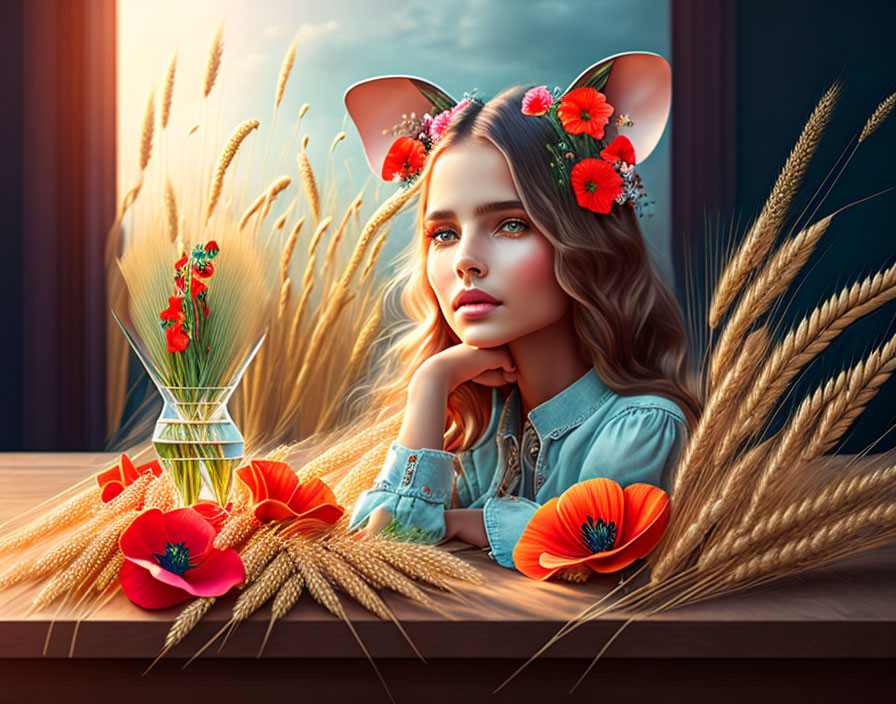 Girl with Cat-Ear Headband and Flowers Resting Chin on Hand at Sunset